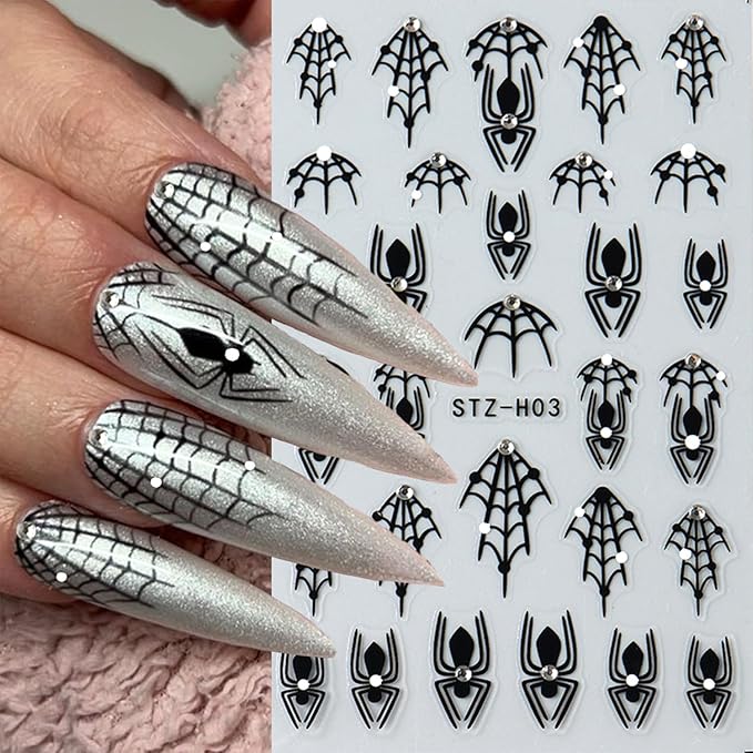 8 Sheets Black Halloween Nail Art Stickers Decals Spider Web Nails Sticker with Rhinestones Design Skeleton Blood Drop French Tip Nails Decals Self-Adhesive Butterfly Nail Art Decal Halloween Decor