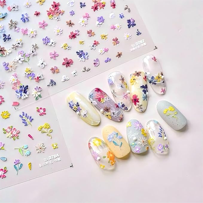Dedyel Spring Wildflowers Nail Sticker 5D Embossed Wildflower Nail Stickers Spring Summer Red Yellow Blue White Flower Design Nail Art Decoration for Women Girls Kids