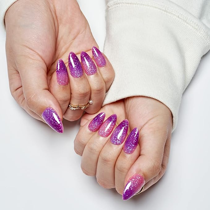 GLAMERMAID Thermo Purple Pink Press on Nails Medium Almond, Color Changing Ombre Handmade Gel False Nals, Stiletto Glue on Nails Kit for Women, Short Oval Stick on Acrylic Crush Fake Nail Manicure Set