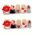 10 Pcs Valentine Duck Shaped Handmade Press on Nails Medium Fake Nails Lips Kiss Heart-Shaped Diamond Cute Romantic Valentine Full Cover Glue on Nails for Women