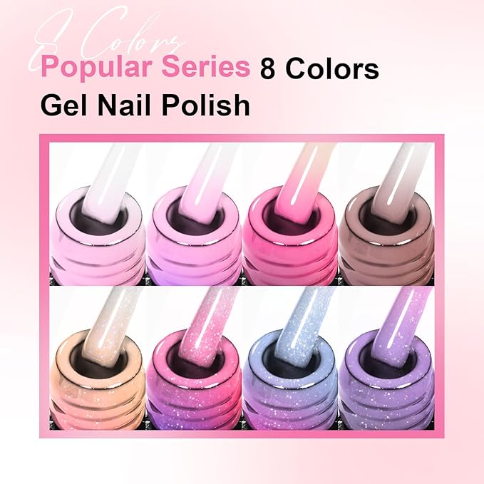 MEET ACROSS Color Changing Gel Nail Polish Set, 8 Colors Red Pink Glitter Purple Mood Temperature Change Nail Polish Gel Set Soak Off Nail Art DIY Salon Manicure Holiday Gift