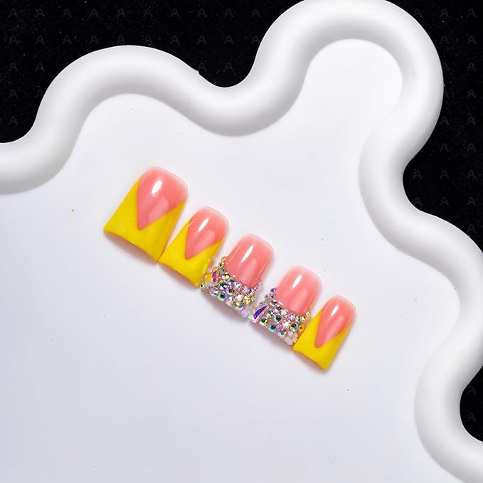 10 Pieces Luxury Y2K Acrylic Press On Nails Short Handmade Duck Nails, Yellow Thickened French False Nails With Bling Rhinestones, Reusable Fake Nails, Acrylic Nails (L)