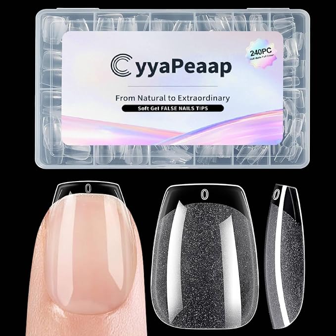 Extra Short Coffin Nail Tips - 12 Sizes 240Pcs Soft Gel Pre-Shaped Nails, Half Matte Full Cover False Nail Tips for Nail Extension, Manicure, Home DIY, Salon, Acrylic Gelly Nails