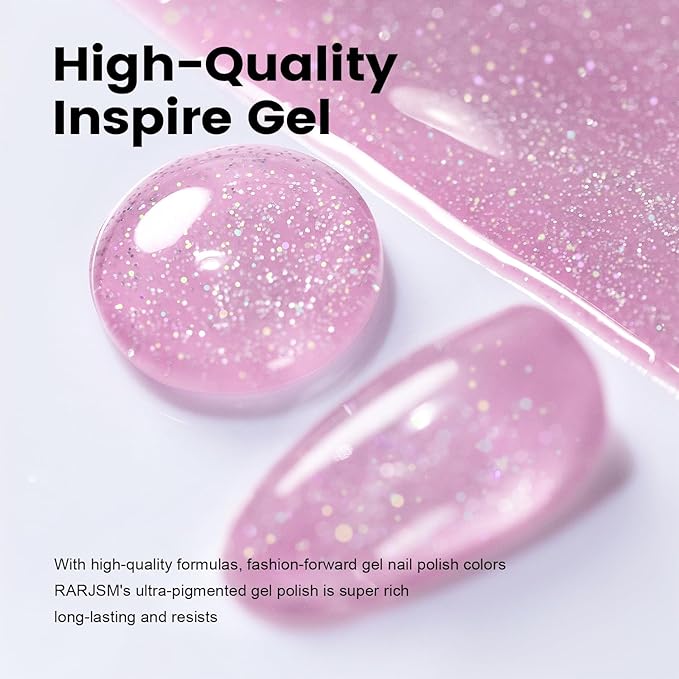 RARJSM Nude Rose Purple Gel Nail Polish with Rainbow Iridescent Glitter Sheer Jelly Shimmer Gel Polish 15ml UV LED Soak Off Transparent Soft Color Home Salon French Manicure Varnish Curing Requires