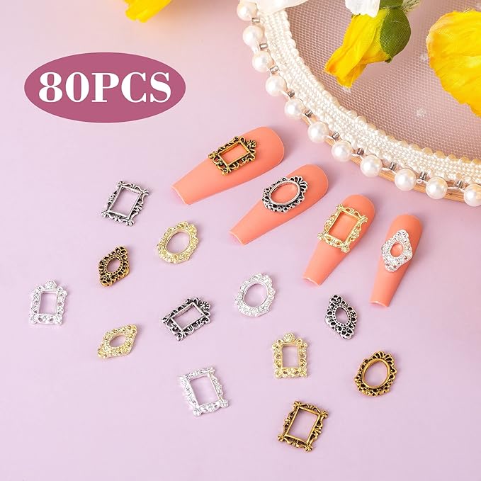 CHANZET 3D Metal Nail Charms 80pcs, Frame Gothic Nail Art Charms, Retro Gold Silver Nail Jewels Art Decoration for Women Girls Acrylic Nail DIY Craft Design Manicure Accessories