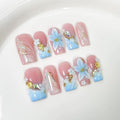 10Pcs Handmade Press on Nails Medium Square Fake Nails with 3D Flower Art Design Light Blue French False Nails Luxury Acrylic Nails Press Ons Reusable Stick on Nail for Women (Size M)