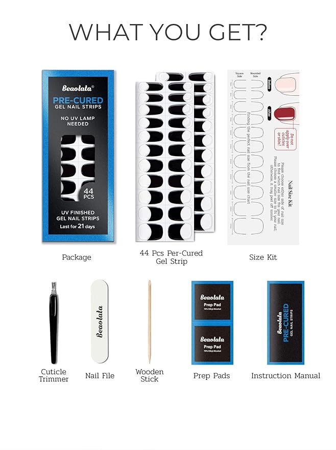 Pre Cured Gel Nail Strips - 44PCS Salon Quality Gel Nail Stickers - Long Lasting Polish Wraps for Women no UV Light Needed Easy Apply& Remove (Timeless Black)