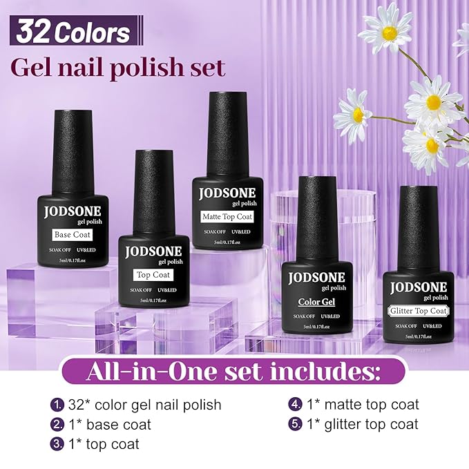 JODSONE 32+4 Pcs Gel Nail Polish Kit Soak Off Gel Polish Set Glitter Gel Nail Kit Nail Art Salon DIY at Home Manicure Kit