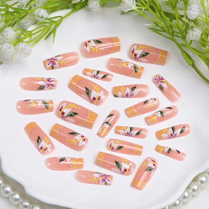 Flower Press on Nails Square Medium Long Fake Nails with Orange French Tip Floral Designs Acrylic Glossy Glue on Nails Press ons Fall Stick on Nail for Women 24 Pcs