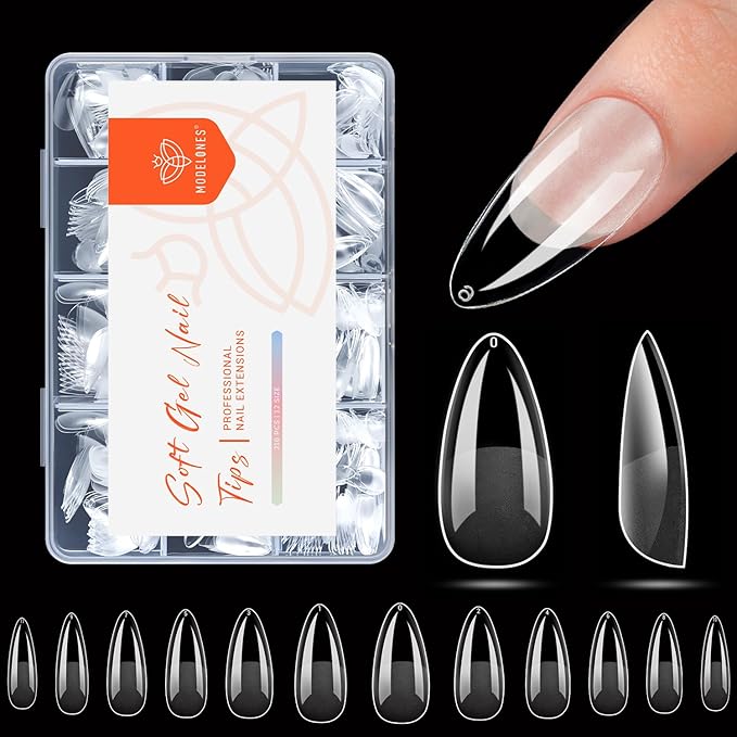 modelones Medium Almond Nail Tips, Pre-shaped Soft Gel Tips Fake Nails False Acrylic Clear Full Cover Press on Extension Kit Gel Manicure DIY at Home 216PCS 12Sizes