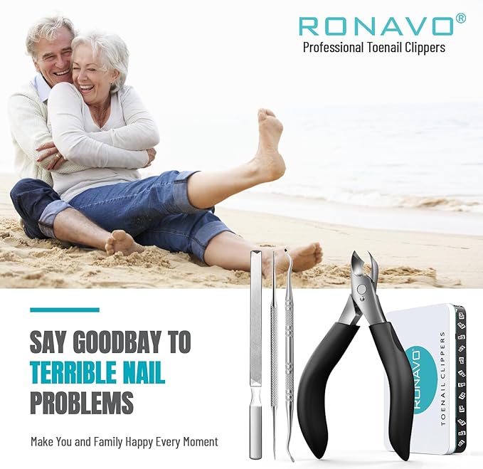 Toenail Clippers for Thick Nails for Seniors - Heavy Duty Toe Nail Clippers Kit with Long Handle for Men & Elderly with Inflexible Joints, Professional Nail Clippers Kit for Thickened Toenails (Black)