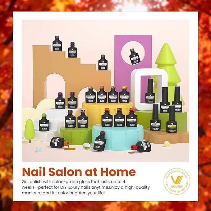 VANREESA 24 Pcs Fall Gel Nail Polish Set -Fall Colors Gel Polish with Base Coat & 4 Effects of Top Coat Orange Yellow Red Green Purple Brown Gel Polish Set Nail Kit Gifts for Women Girls DIY at Home