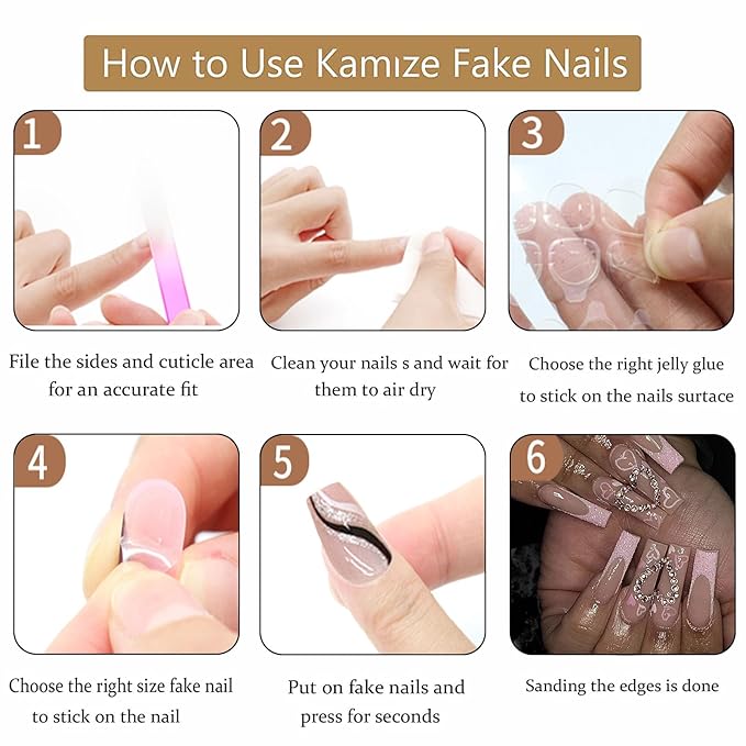 Pink Heart Long Press on Nails Coffin with Love Rhinestones Design Acrylic Nails Press ons Full Cover False Nails with Glue for Women and Girls 24Pcs