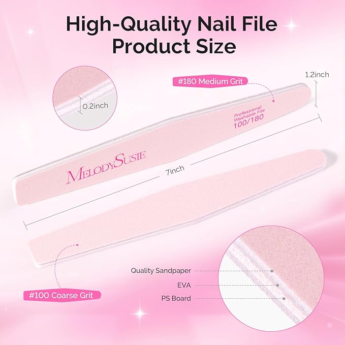 MelodySusie Nail File Kit, 2Pcs Double Sided 100/180 Grit Diamond Shape Emery Boards For Nails, Professional Nail Art Manicure Pedicure Supplies for Home and Salon Use, Pink