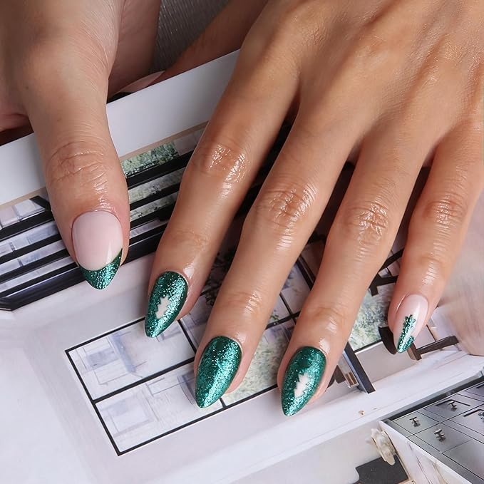 30pcs Shining Green Short Almond Press On Nails with Tree and French Tips for Themed Costumes, Reusable Nail Kit with Nail Adhesive Tabs Mini Nail File, 15 Sizes (Green)