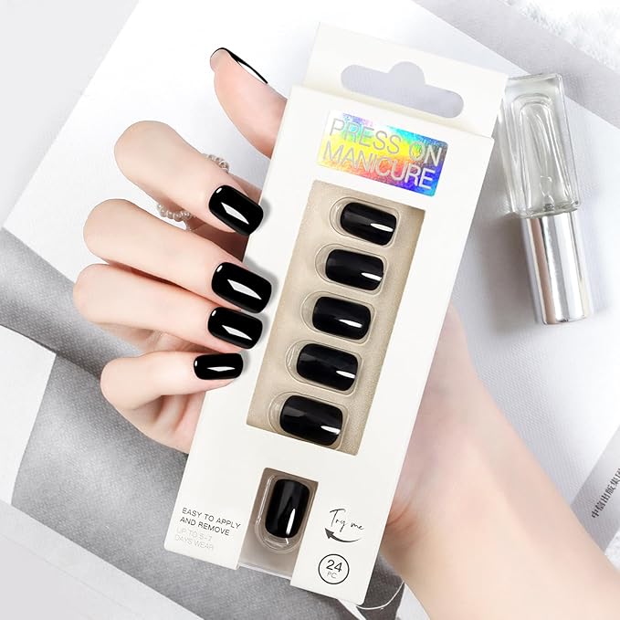 Black Gothic Press On Nails Short - No Glue Square Acrylic Fake Nails, Chip-Free Breathable Fit with Nail File for Beginners, 24 Nails in 12 Sizes