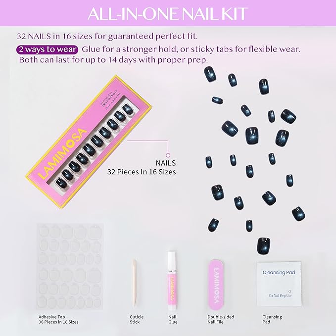 LAMIMOSA 32Pcs Cat Eye Press On Nails Short Square – Soft Gel Fake Nails in 16 Sizes, Reusable Glue on Nail kit, MINT CHOLOLATE