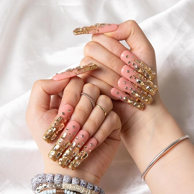 LOVFUL Press on Nails Stardust Gold Rhinestone | Handmade with Full Covered Crystals | Reusable Fake Nails | Square Mid length 1.7in | H84-M
