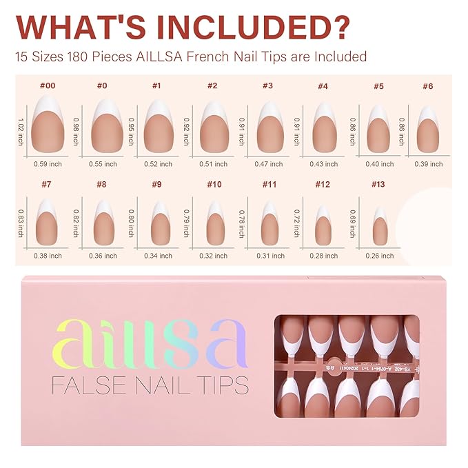 AILLSA French Gel Nail Tips,180 Pcs French Tip Press On Nails Medium Almond, Pre-Applied Primer & Base Coat, No Need File, Almond Fake Nails Press ons with Designs 15 Sizes