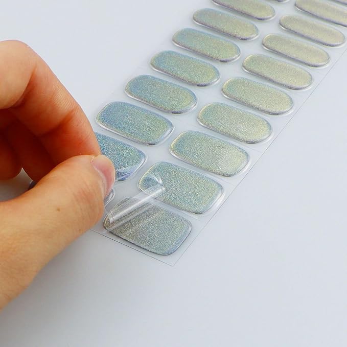 JMEOWIO Gel Nail Stickers Blue Purple Glitter Semi Cured Gel Nail Strips Wraps UV/LED Nails Art Design Decoration Accessories