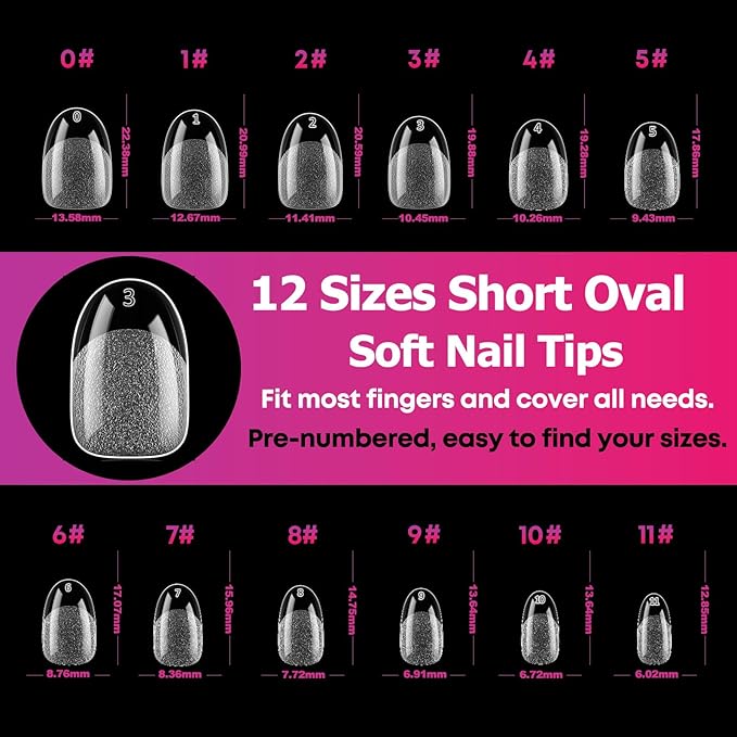Short Oval Nail Tips 240PCS Soft Gel Pre-shaped Half Matte Clear Acrylic Nail Tips, Short Oval Round Full Cover Fake Press On Nails For Nail Extension Art DIY Salon 12 Sizes