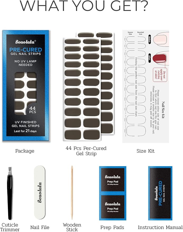 Real Gel Nail Strips (No UV Light Needed) - 44Pcs Salon Quality Nail Stickers - Long Lasting Polish Wraps for Women, Easy Apply & Remove (Fern Brown)