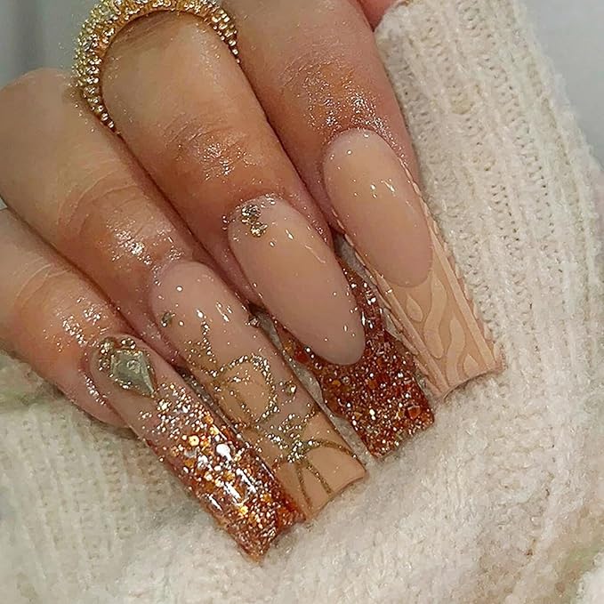 Long Square Press on Nails Fake Nails Artificial Nail Stick on Nail for Women Elegant Nude & Brown Base with Gold Marble Veins, Glitter Accents and Chic Matching Nail Art