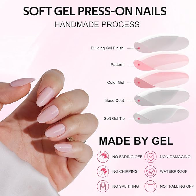 Press On Nails Short Almond - Findigit Pink Press on Nails Soft Gel Stick On Nail with Nail Glue, Fit Natural Reusable Glue On Nails 16 Sizes - 32 Nail Kits Almond Grace