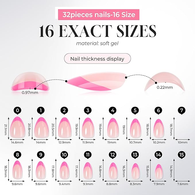 UNA GELLA 32Pcs Soft Gel Press on Nails - 16 Sizes Hot Pink French Tip Almond Glue on Nails, Reusable Neon Pink False Nails, Full Cover Acrylic Nail Kit for Women DIY Home Manicure