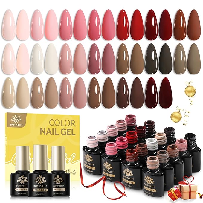 Born Pretty Nude Pink Gel Nail Polish Set 23PCS,Skin Tones Neutral Brown Burgundy Red Gel Polish with Base Gel Glossy & Matte Top Coat Gel Polish Kit for Salon Manicure and Nail Art DIY at Home
