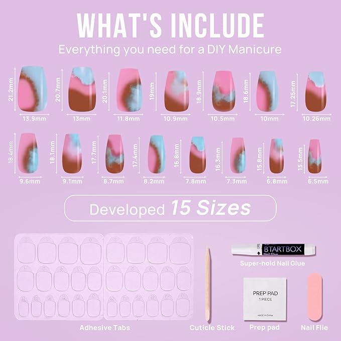 BTArtbox Press on Nails Medium - Coffin Press On Nails with Glue and Adhesive Tabs for Women, Soft Gel Glue On Nails in 15 Sizes - 30 Stick On Nails Kit, Cherry Blossom Latte