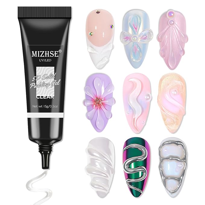 MIZHSE 3D Gel Nail Art, Sculpting Gel Glue 15g for Molding, Drawing, Charms & Gems, Chrome Powder, Rhinestone Design, Clear No Wipe Nail Polish for DIY Winter Christmas Nail Art, Lamp Curing Needed