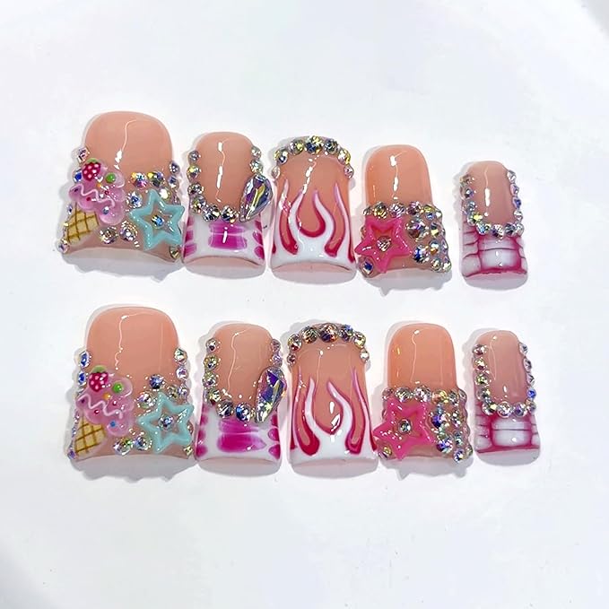10Pcs Short Duck Press on Nails Handmade Fake Nails with Flame Star Rhinestone Design Multi Layer Gel False Nails Acrylic Duck Nails Press ons Artificial Handmade Stick on Nail for Women (M)