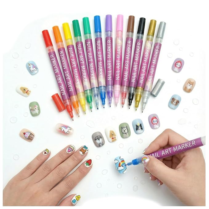 12 Colors Nail Art Pens Set, Fine Tip Nail Art Markers For 3D Drawing, Quick Dry Nail Polish Pens Kit For Women Girls DIY Manicure Nail Art Tools (0.5 mm)