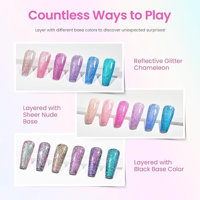 Beetles Chameleon Gel Nail Polish Set- 6 Colors Sparkle Pink Purple Blue Glitter Gel Polish Kit Chameleon Crushed Diamond Multifunction Soak off Uv Nail Gel DIY Manicure Spring Gift for Women