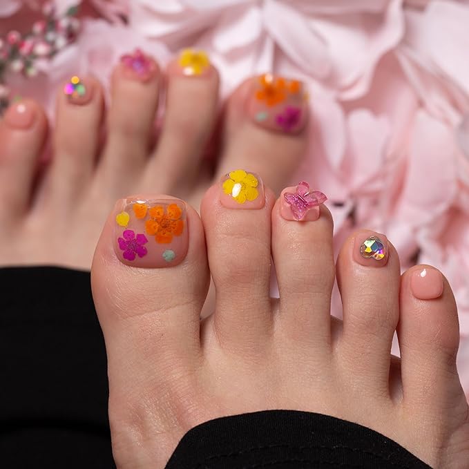 LOVFUL Handmade Acrylic Press on Toenails Flora | Salon Quality 20 PCS Free Size Toe Nails | Reusable Fake Nails for Toe | T176