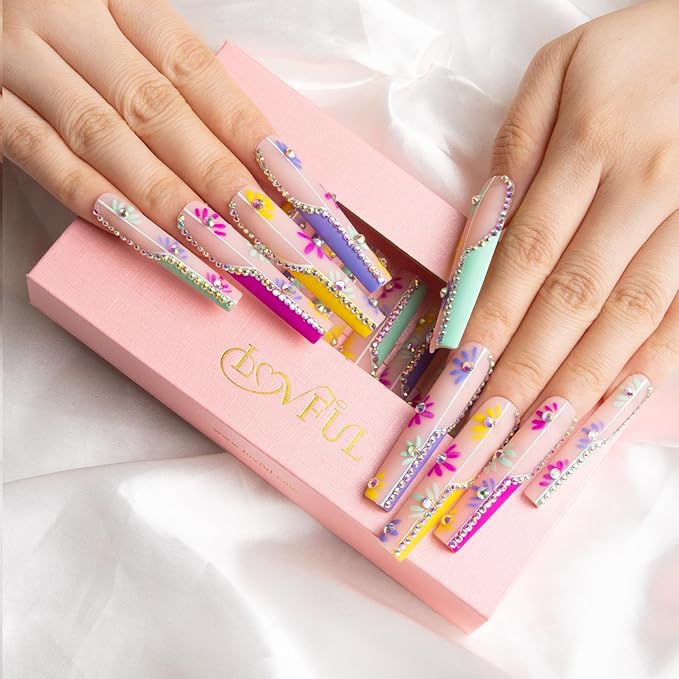 LOVFUL Press on Nails Wild Blooming | Handmade with Full Covered Crystals | Reusable Fake Nails | Square | H156-M, pink