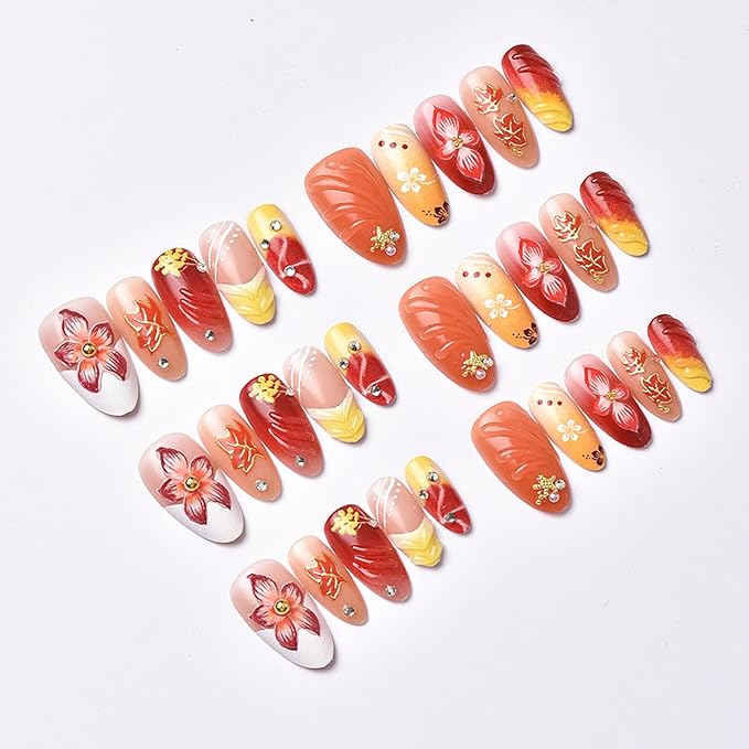 30Pcs Handmade Press on Nails Medium Almond Fake Nails, French Tips False Nails with 3D Maple Leaf Flowers Rhinestone Designs Reusable Full Cover Acrylic Nail for Women DIY Manicure