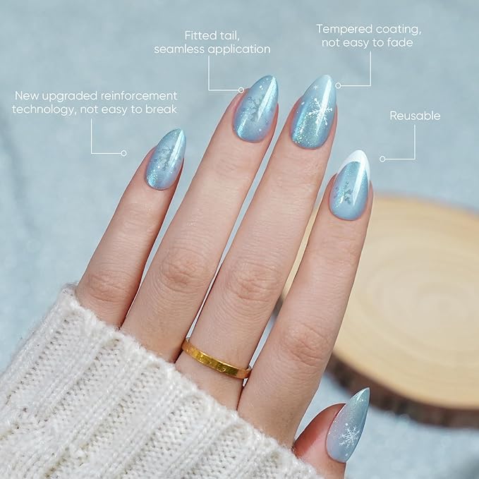 Winter Press On Nails Almond - Jofay Fashion Blue Aurora Cat Eye Snowflake Press On Nails, Acrylic Fake Nails with Glue, Reusable Soft Gel Glue On Nails for Women in 16 Sizes, Stick On Nails Kit