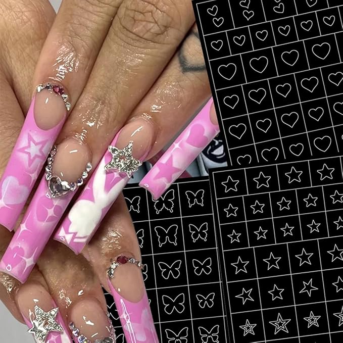 6 Sheets Heart Flower Nail Guides 3D Flame Heart Butterfly Star Nail Art Stickers Airbrush Nail Stencils Stickers Supplies Hollow Guides Nail Decals for Women Acrylic Nails Decoration Stencil Tools