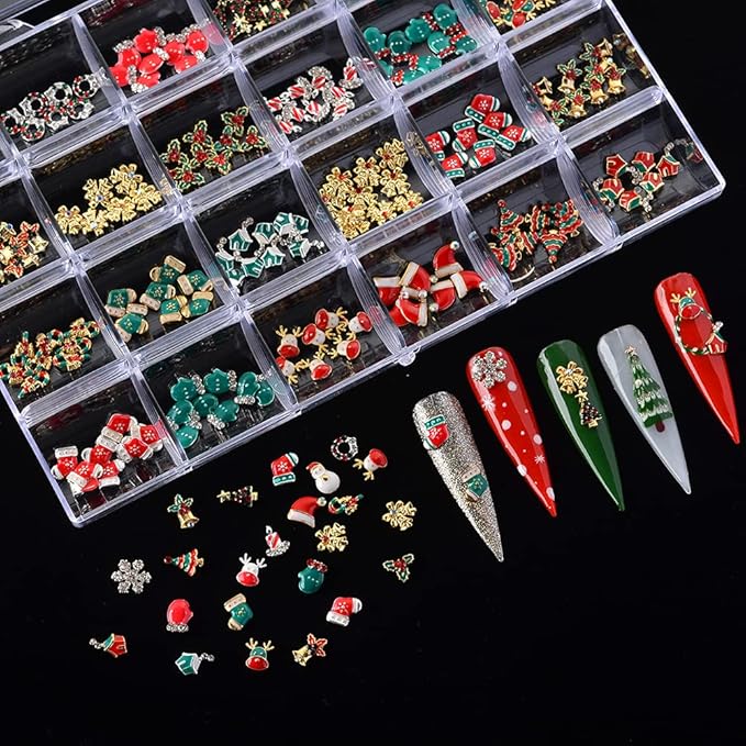 Christmas Nail Charms - 24 Styles/Box Metal Nail Studs, Rhinestones, Crystal, Glitter, Snowflake, Santa, Reindeer DIY Decorations