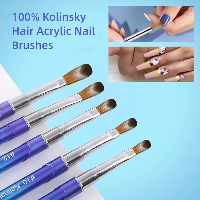 100% Pure Kolinsky Hair Acrylic Nail Art Brushes – Oval Crimped Tip for Acrylic Powder, Gradient Blue Metal Handle, Professional Nail Art Brush for Salon & DIY(#10)