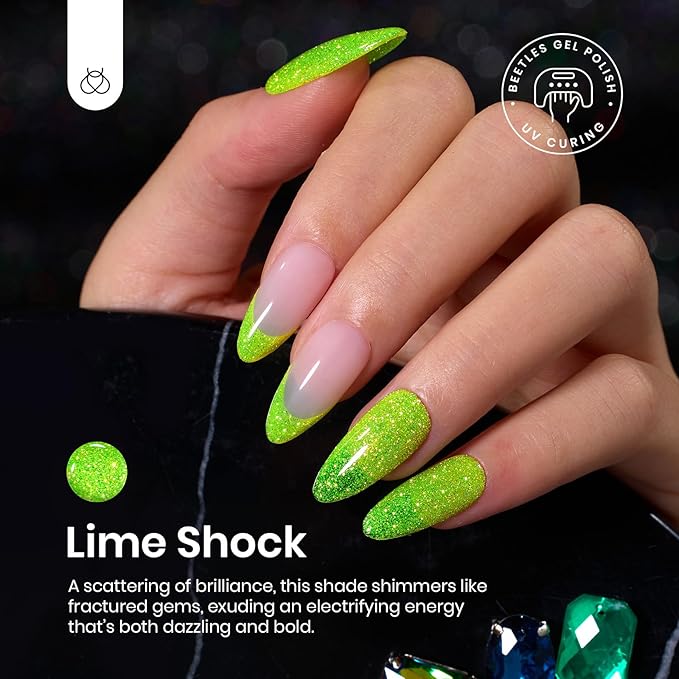 beetles Gel Polish Green Glitter Gel Nail Polish 0.51OZ Reflective Nail Art Manicure Salon DIY at Home UV LED Needed Gifts for Women Lime Shock St Patrick Day