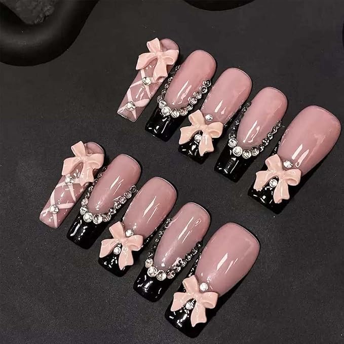 10Pcs Handmade Press On Nails Long Square Fake Nails Bow With Rhinestone Design French Tip False Nails Reusable Stick On Nail Artficial Acrylic Nail For Women (SIZE:M)
