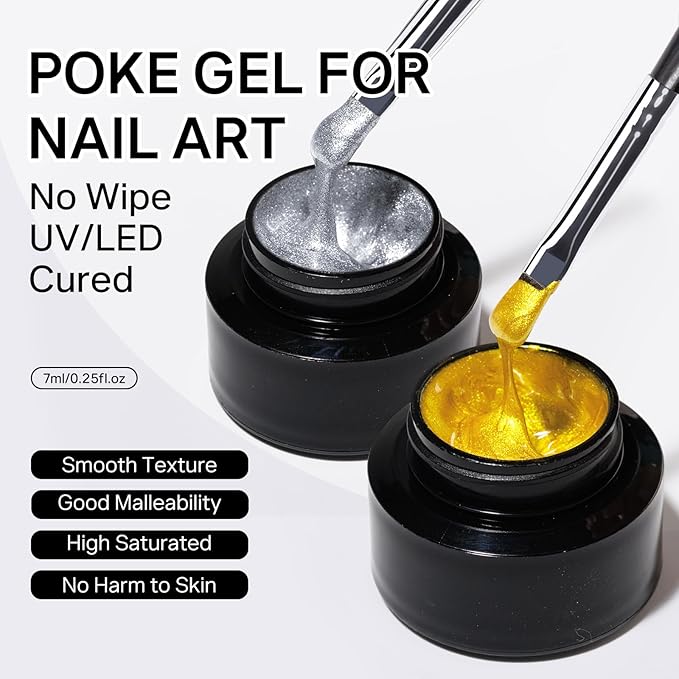 MIZHSE Gold and Silver Poke Gel Nail Polish, with Professional Poke Foundation Gel and Brush Tool, Multifunctional Drawing Painting Nails Art Design Lace Letter Wave Flower Manicure DIY Home