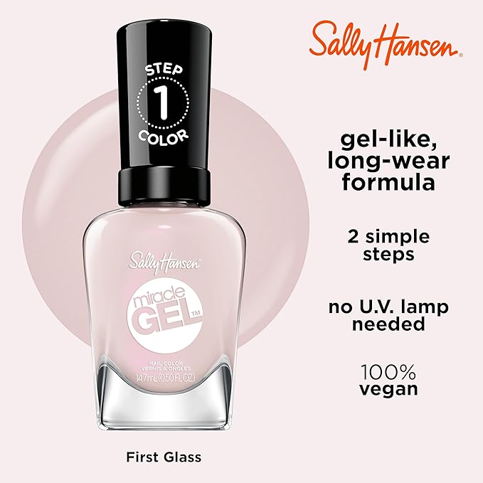 Sally Hansen Miracle Gel Salon Quality Nail Polish | Gel-Like Formula, Two-Step System, No UV Light Needed, Long Lasting | Sheer, Shimmery | 233 First Glass | Ivory Pink Nail Polish