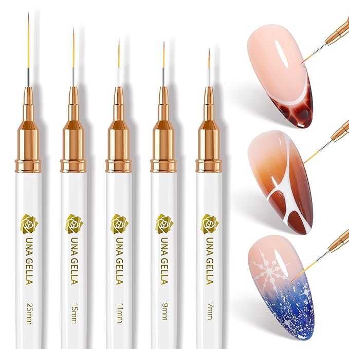 UNA GELLA Nail Art Brushes Metallic, Liner Pens Set For Nail Art Gel Polish, 5Pcs White Color, Detail Nail Art Design Painting Brush Set For Nails Gel Fine Drawing Nail Tools, Sizes 7/9/11/15/25mm