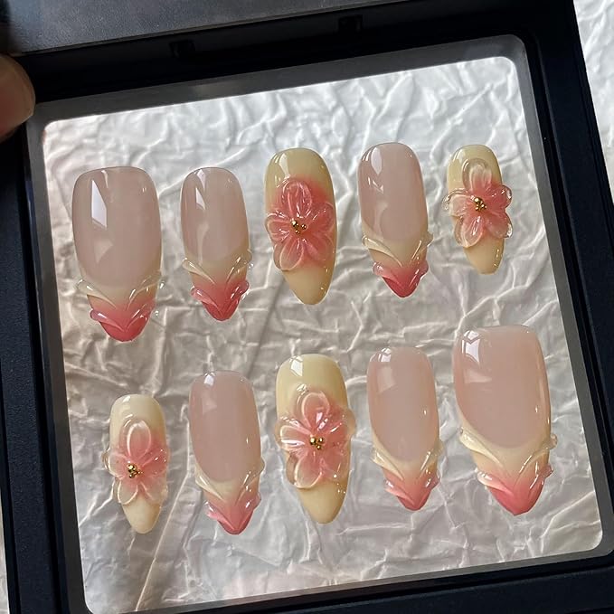 Ligth Yellow Press on Nails Medium Almond Handmade Nails with Glue,Handmade False Nails French Tip Nail Press ons 5D Flower Art Design Muti-Layer Gel Nail Luxury False Nails for Women (Size M)