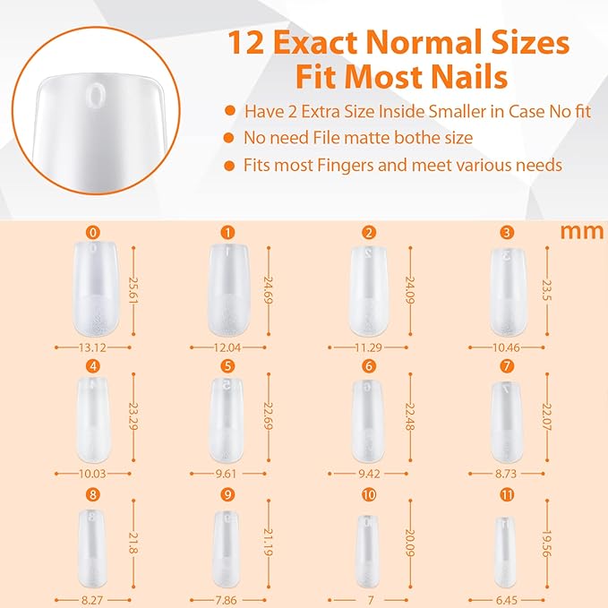 UNA GELLA Short Square Fake Nails Tips Full Matte 504 pcs Square Press on Nails Pre-shape for Full Cover Acrylic Nails French False Nails 12 Sizes False Soft Gel Tips