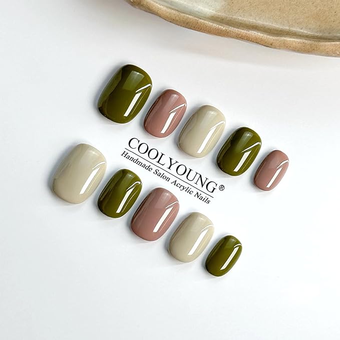 COOLYOUNG Press On Nails Short Square, Mixed Color - Pink, Beige, Green, 25 PCS Handmade Acrylic Fake Nails